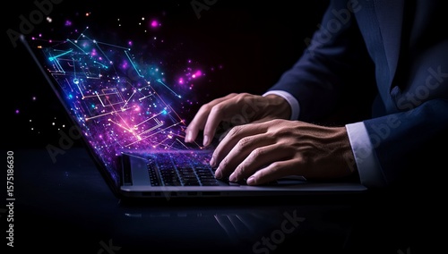 A person working on a laptop with digital graphic overlay