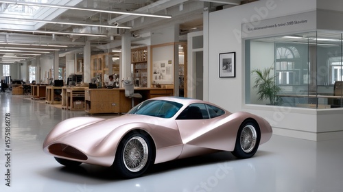 Modern, sleek, rose-gold car in a bright, spacious, industrial-style workspace