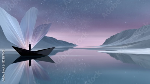 Silhouetted figure in a boat on a tranquil, starlit lake