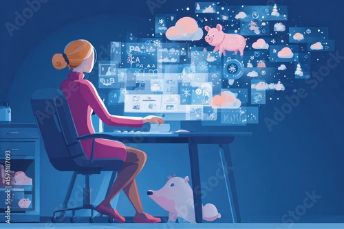 Woman works at night, surrounded by digital weather information