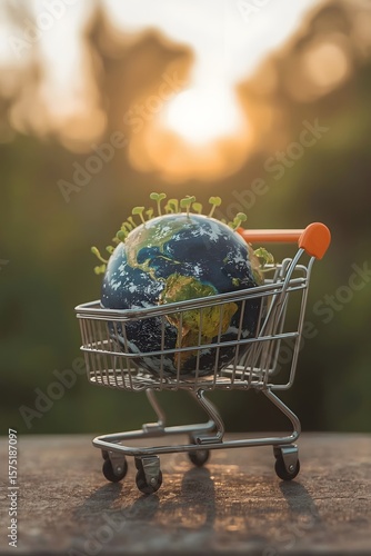 Miniature shopping cart carrying a globe with green plant sprouts, symbolizing sustainable consumption, eco-friendly shopping, global responsibility, and environmental awareness.

