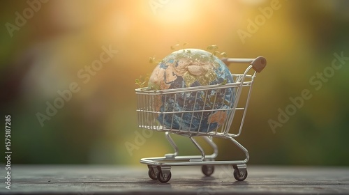 Miniature shopping cart carrying a globe with green plant sprouts, symbolizing sustainable consumption, eco-friendly shopping, global responsibility, and environmental awareness.

