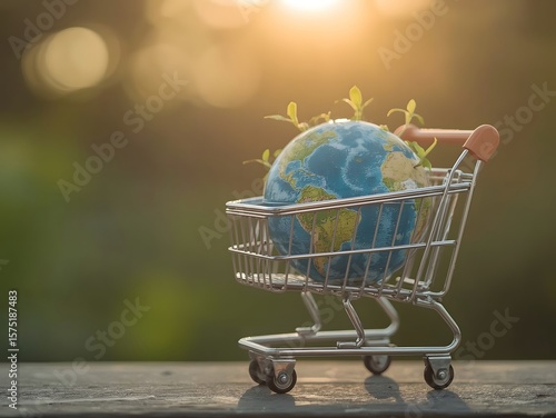 Miniature shopping cart carrying a globe with green plant sprouts, symbolizing sustainable consumption, eco-friendly shopping, global responsibility, and environmental awareness.

