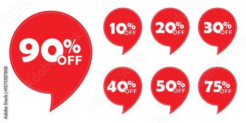Collection of Eye Catching Red Discount Sale Tags Displaying Various Percentage Off Amounts for Retail Promotions and Marketing
