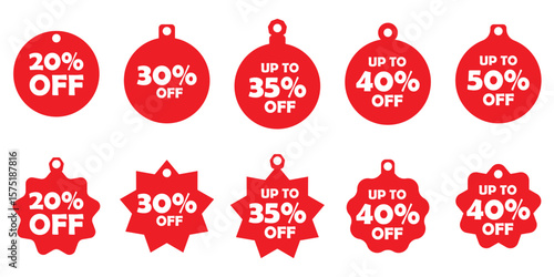 Red Sale Tags Featuring Percentage Discounts Promotions and Marketing Visuals for Retail Businesses with Varying Shapes and Styles
