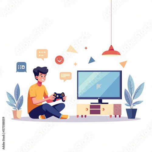 Young man happily plays video games at home, sitting cross-legged on the floor before a large screen TV.