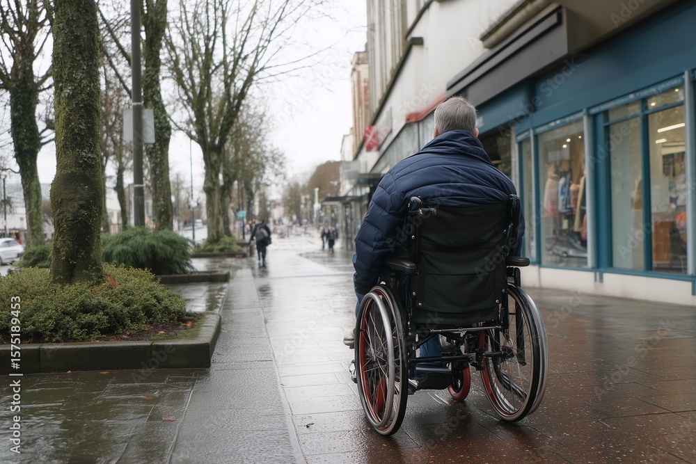 Obraz premium A man in a wheelchair travels down a wet sidewalk next to buildings and trees on an overcast day out