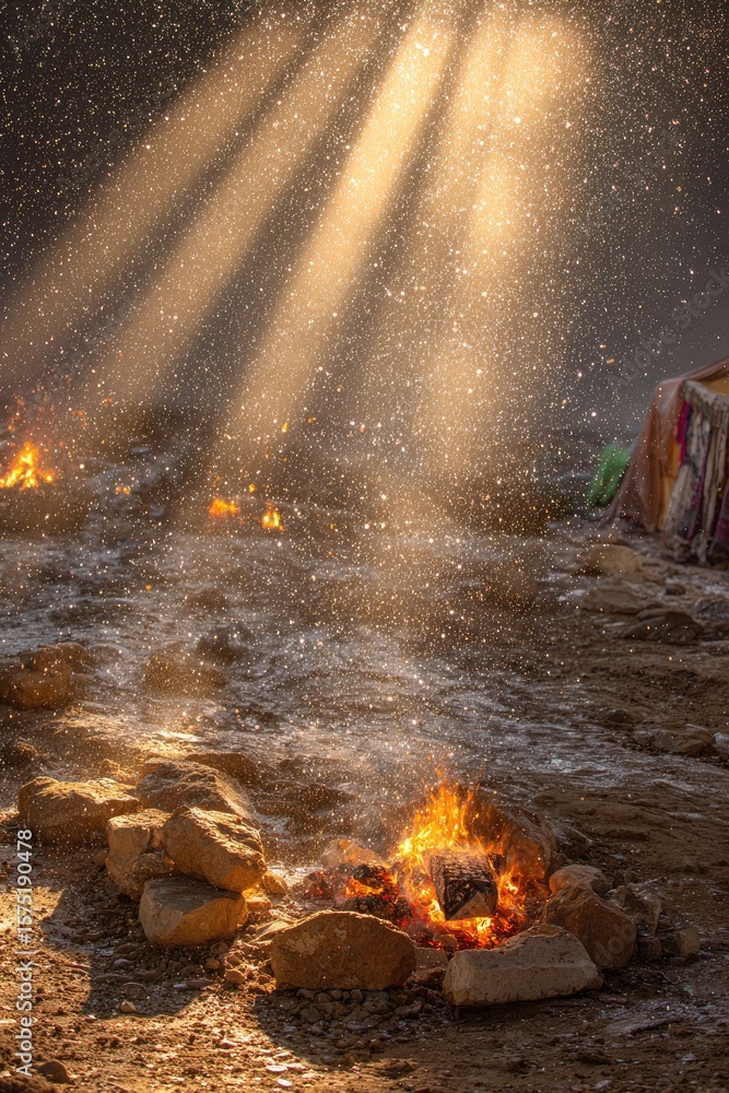 Naklejka premium Sunbeams on a snowy campfire scene