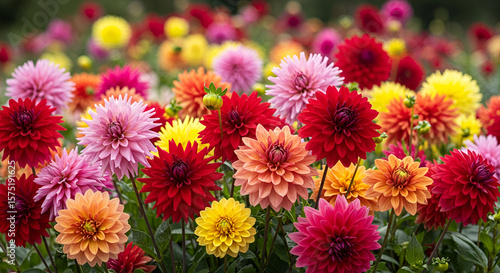 Colorful flower dahlias with various bright colors in the garden