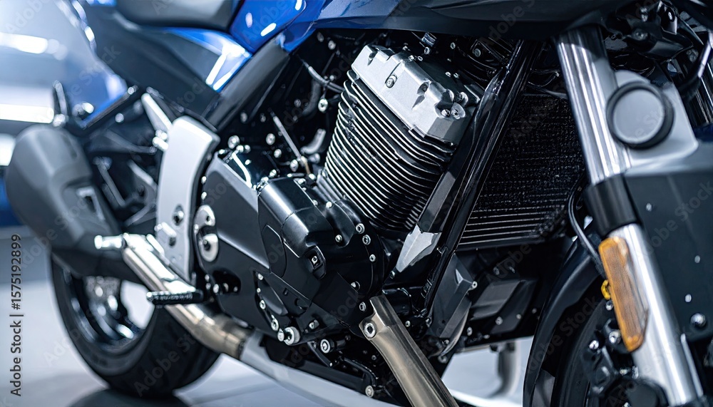 Fototapeta premium Close-up motorcycle engine, vibrant blue