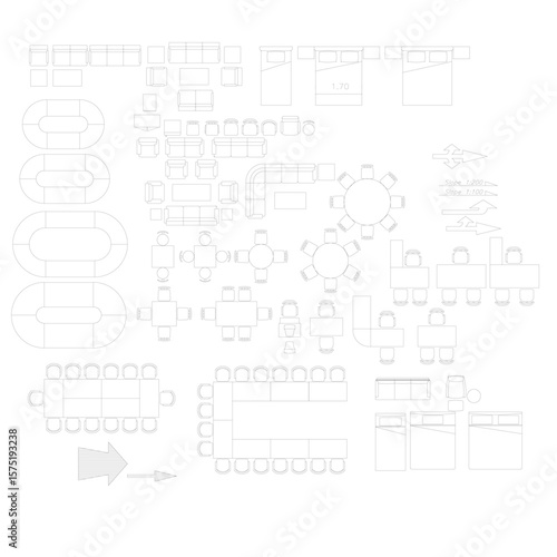 2D Furniture Set Drawing – Sofa, Bed, Dining Table, Meeting Table, and Direction Arrows – Vector Layout Plan