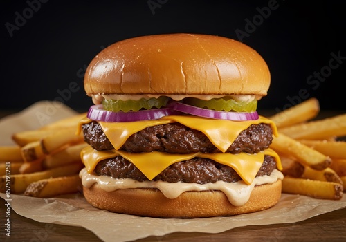 A juicy smash double burger with crispy edges and melted cheese. The perfect fast food visual for the modern burger lover