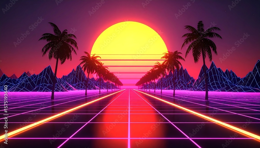 Fototapeta premium Retrofuturistic road with palm trees under a vibrant sunset