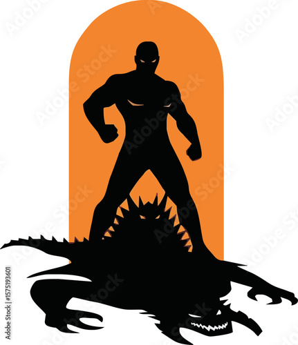 Silhouette of a muscular figure standing triumphantly over a defeated monster.
