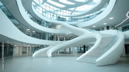 Modern, minimalist architecture; sweeping staircases and glass walls