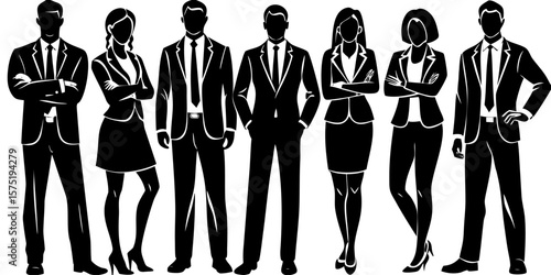 Vector  silhouette illustration of a diverse group of business professionals standing together formally dressed