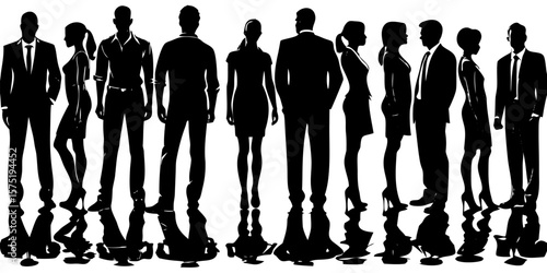 Vector  silhouette of a group of business people standing together with reflections on a white background scene image