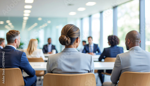 The back of a leader organizing a meeting against a blurry modern office backdrop.