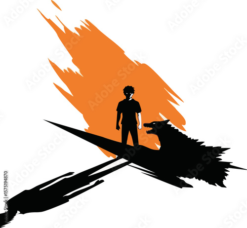 Silhouette of a boy confronting a wolf-like shadow, fiery background suggesting inner turmoil.
