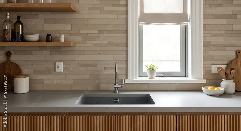 Fototapeta premium Modern kitchen interior featuring a sink, window, and minimalist decor creating a clean aesthetic