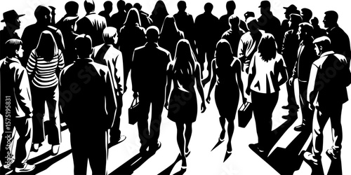 Urban crowd silhouettes standing casually with slight variations in posture and style.

