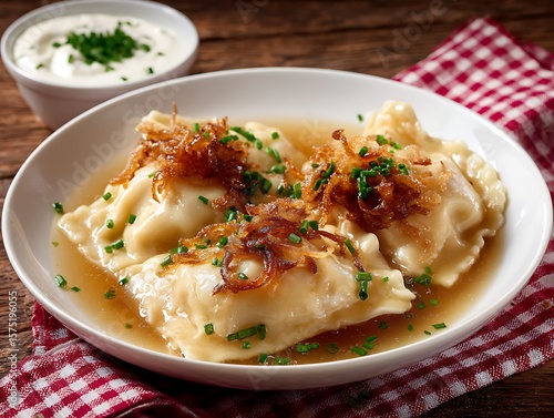 Maultaschen - German Swabian Dumplings in Broth with Fried Onions and Chives, Cuisine