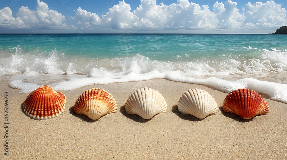 Obraz premium A mixture of large and small seashells scattered across the sand, with the light glinting off the ocean water in the background and gentle waves rolling in.