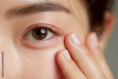 Close-up of a person's eye with a hand gently touching the skin underneath, showcasing skincare or a beauty routine in natural light.