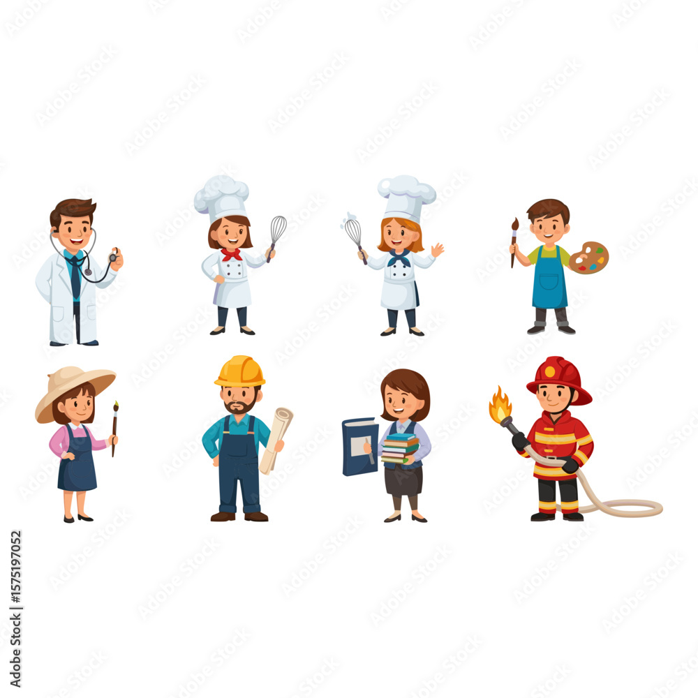 Happy Cartoon Characters Representing Diverse Professions Happy Cartoon Characters Representing Diverse Professions