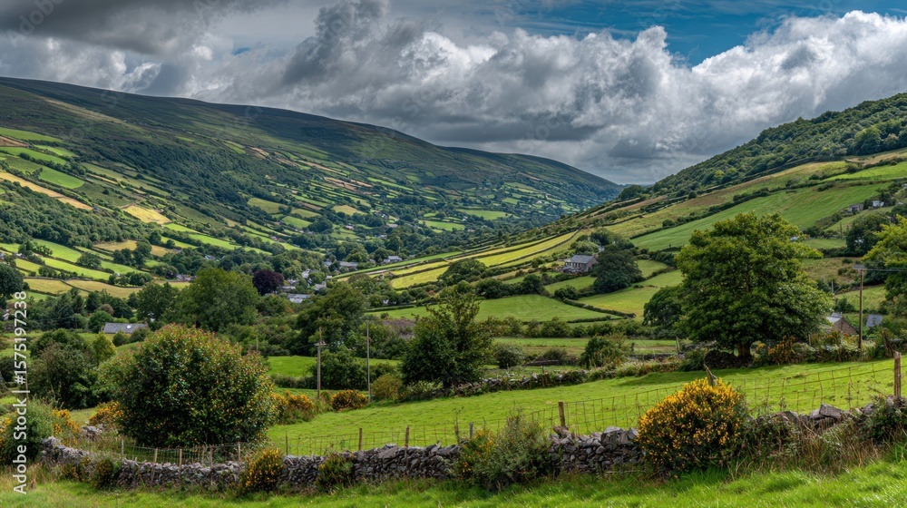 Lush valley landscape under dramatic sky Lush valley landscape under dramatic sky