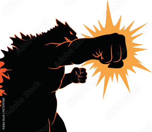 A powerful silhouette of a monster punching with a burst of energy.