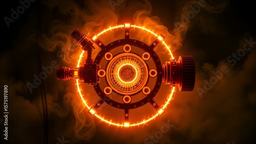 A glowing burning fire chamber with circle circular gate illustration of safety reactor in industry process