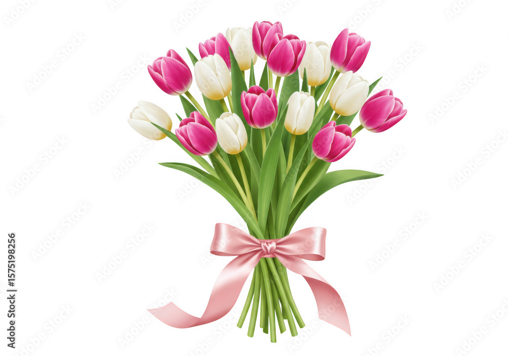 Fototapeta premium Beautiful bouquet of pink and white tulips with a satin ribbon isolated on transparent background