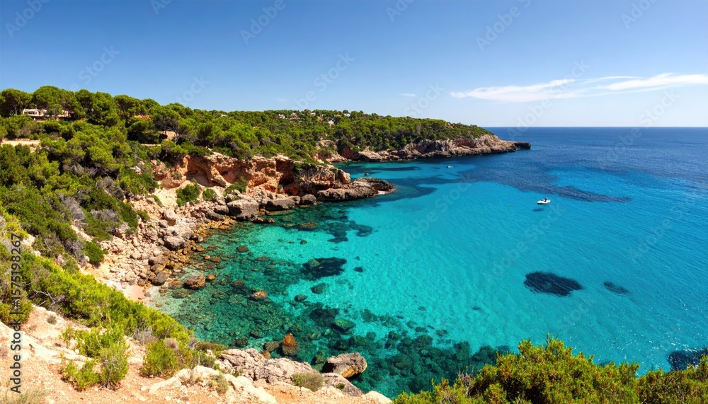 Naklejka premium Coastal view, vibrant turquoise water, green hills