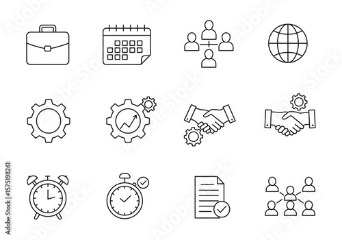 12 business icons briefcase calendar people graph globe gears handshake clock document and connected people