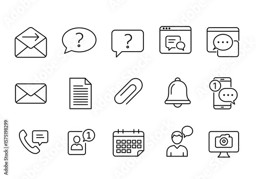 A collection of line icons representing communication organization and notifications