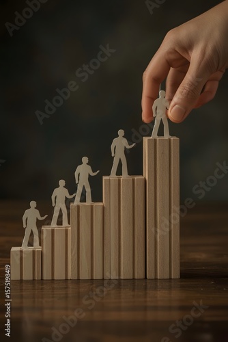 Conceptual image of human development, leadership, and career growth showing paper cutout figures ascending wooden blocks as a hand places the final step, symbolizing success and support.

