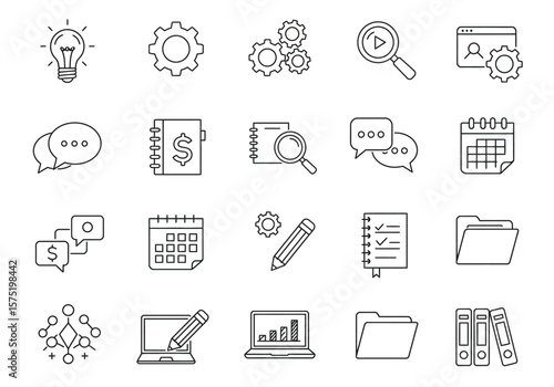Assorted businessthemed line icons filling a 5x4 grid