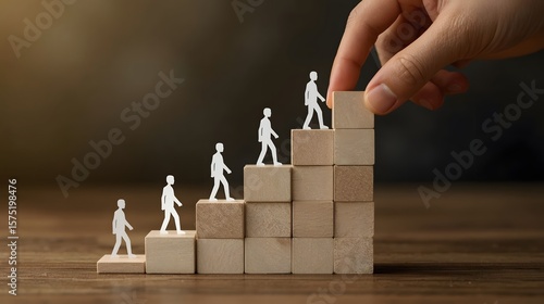 Wallpaper Mural Conceptual image of human development, leadership, and career growth showing paper cutout figures ascending wooden blocks as a hand places the final step, symbolizing success and support.

 Torontodigital.ca