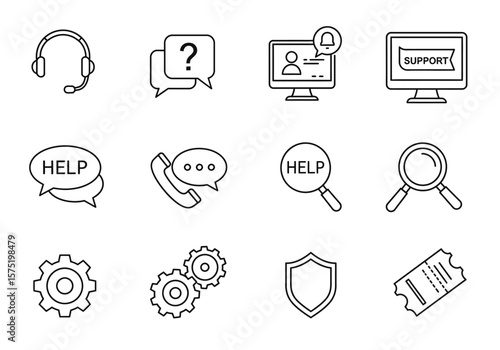 Black and white line art icons of support help and assistance symbols