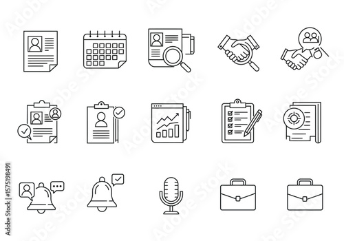 Black linedrawn HRrelated icons depict resume calendar contract checklist bell microphone and briefcase