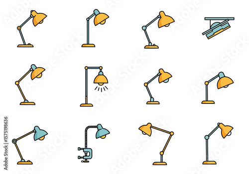 Collection of twelve lamp icons each distinctly styled and brightly colored displayed on a stark white backdrop