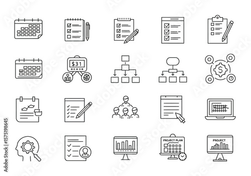 Contains business icons such as a calendar dollar sign diagram and team members