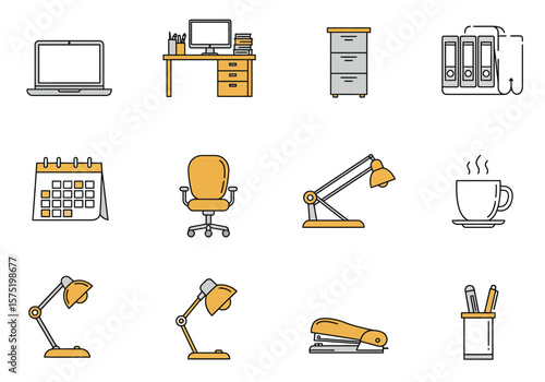 Desk items are neatly arranged in 4 rows featuring office essentials lighting and organization