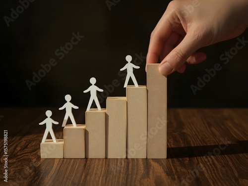Wallpaper Mural Conceptual image of human development, leadership, and career growth showing paper cutout figures ascending wooden blocks as a hand places the final step, symbolizing success and support.

 Torontodigital.ca
