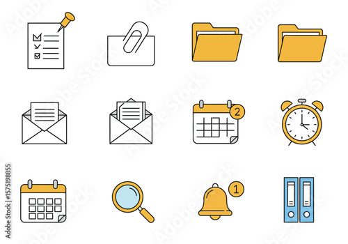 Icon set featuring checklists folders envelopes calendar clock magnifier notification bell and binders