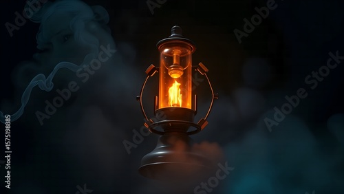 Burning light bulb glowing with red flame on a dark and smoke isolated black background