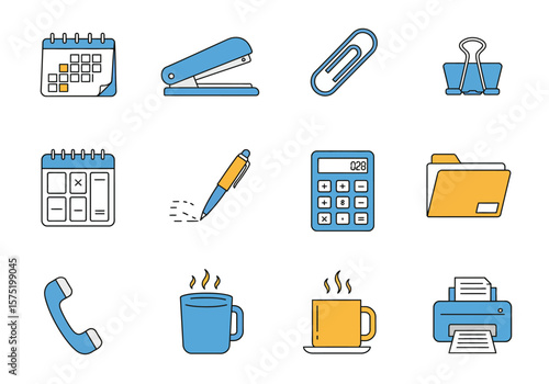 Icons show blueyellow office items calendar stapler clip binder calculator folder phone mug printer and pen