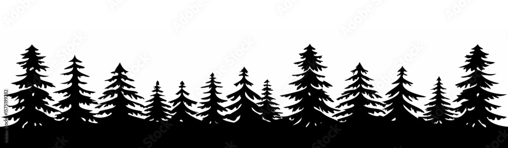 Obraz premium Monochrome Conifer Forest Silhouette with Mountains – Vector Landscape