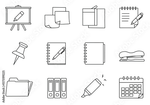 Line art whiteboard notes stapler folder calendar pin books and marker icons